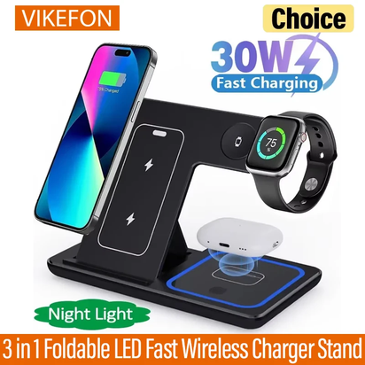 30W 3 in 1 Foldable LED Fast Wireless Charger Stand Charging Station for Iphone 15 14 13 12 11 Apple Watch 9 8 7 6 5 Airpods Pro