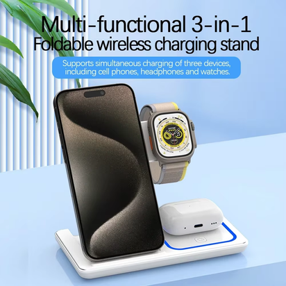 30W 3 in 1 Foldable LED Fast Wireless Charger Stand Charging Station for Iphone 15 14 13 12 11 Apple Watch 9 8 7 6 5 Airpods Pro
