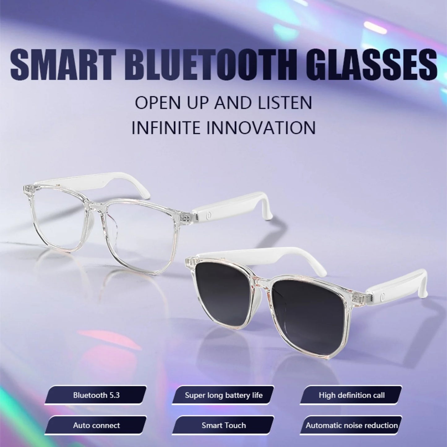 Smart Glasses with Language Translator, Wireless Bluetooth, AI, 11H Battery Life, Anti-Blue Light UV Protection, Voice Control Smart Glasses with Built-In Mic & Speakers, Gaming Meeting Black