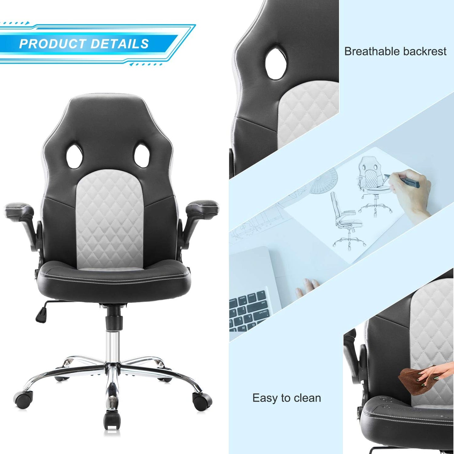 Gaming Chair Ergonomic Office Chair PU Leather Computer Chair High Back Desk Chair Adjustable Swivel Task Chair with Lumbar Support/Adjustable Armrests