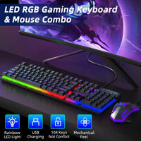 Gaming Keyboard & Mouse, 104 Keys LED RGB Backlit Quiet Computer Keyboard, Multimedia Keys, 26 Anti-Ghosting Keys, Waterproof Light up USB Wired Keyboard for PC Gamers Desktop Computer Laptop,Black