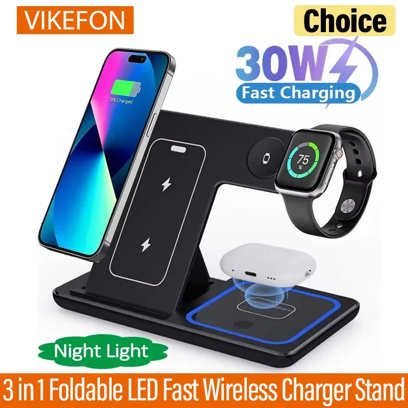 30W 3 in 1 Foldable LED Fast Wireless Charger Stand Charging Station for Iphone 15 14 13 12 11 Apple Watch 9 8 7 6 5 Airpods Pro