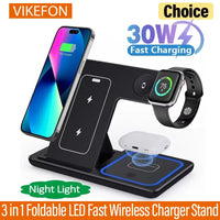 30W 3 in 1 Foldable LED Fast Wireless Charger Stand Charging Station for Iphone 15 14 13 12 11 Apple Watch 9 8 7 6 5 Airpods Pro
