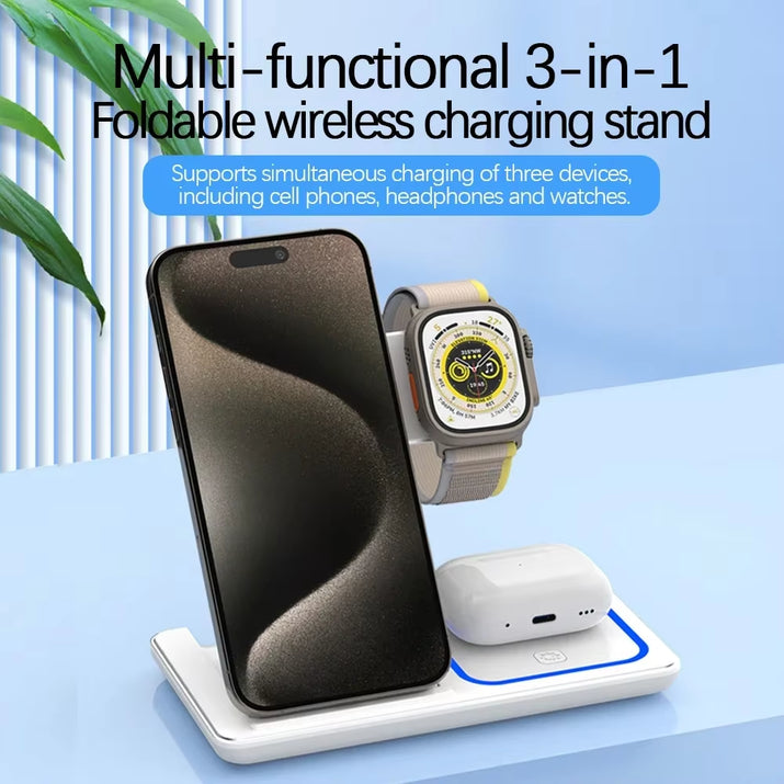 30W 3 in 1 Foldable LED Fast Wireless Charger Stand Charging Station for Iphone 15 14 13 12 11 Apple Watch 9 8 7 6 5 Airpods Pro