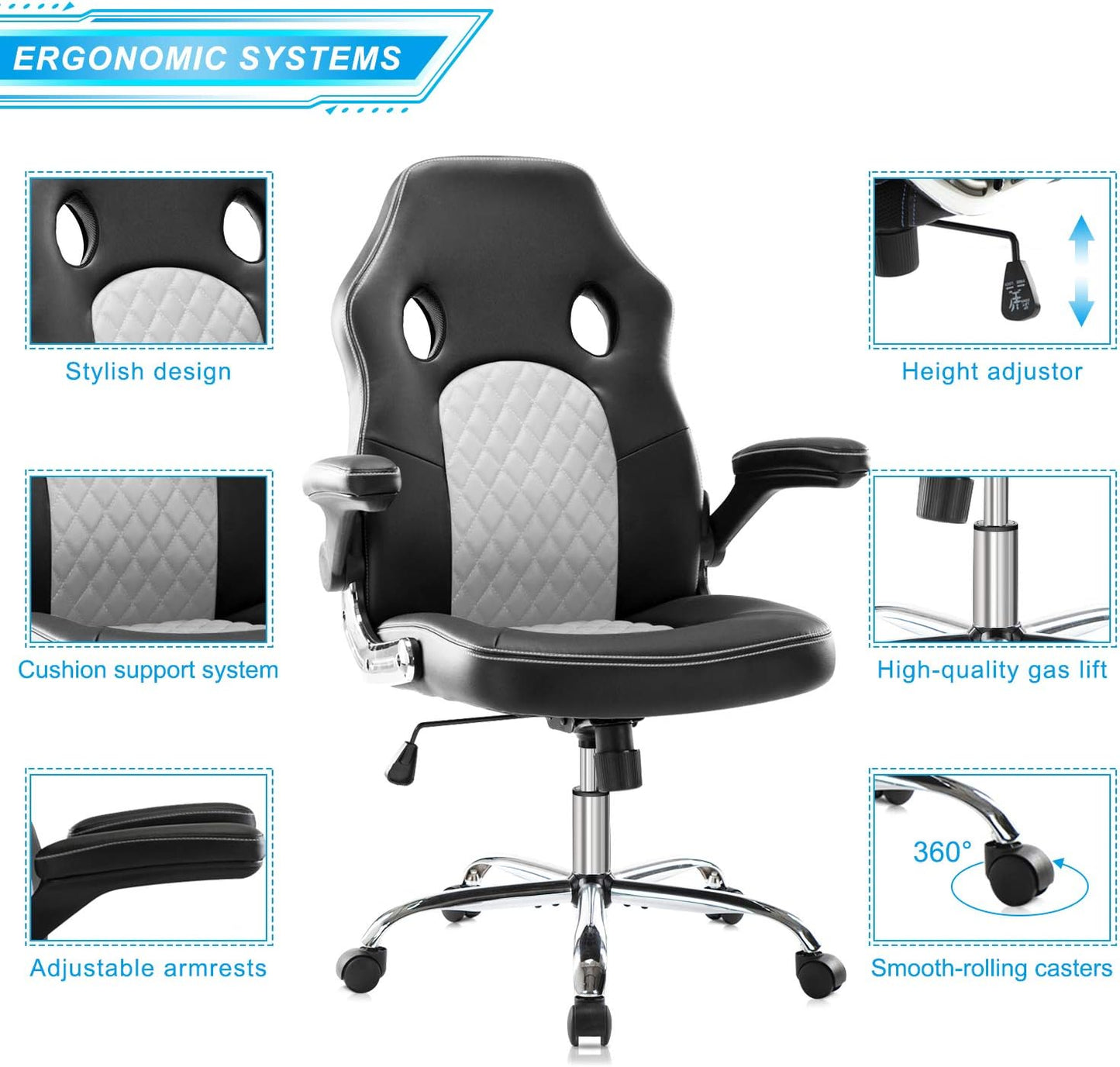 Gaming Chair Ergonomic Office Chair PU Leather Computer Chair High Back Desk Chair Adjustable Swivel Task Chair with Lumbar Support/Adjustable Armrests