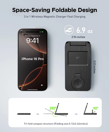 3 in 1 Magnetic Charging Station -  2025 Wireless Charger Compatible for Iphone 17/16/15/14/13/12 plus Pro Max, Foldable Portable Charger Dock for Iwatch & Airpods