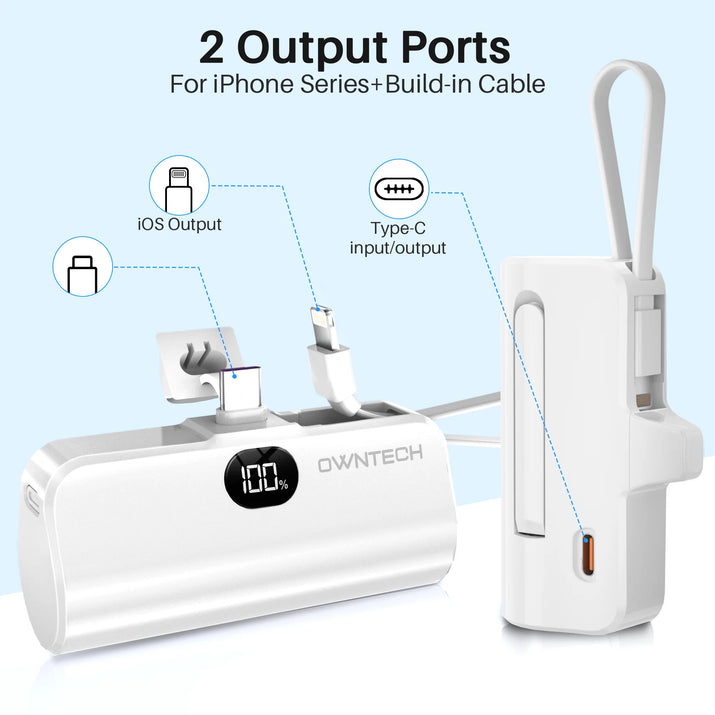 Portable Charger Small Fast Charger 5000Mah Portable Power Pack with Built-In Cables, for Iphone, Samsung