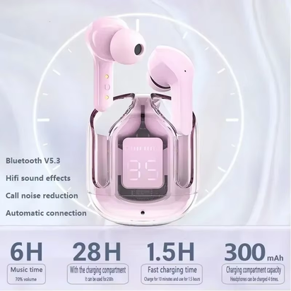 TWSHK3 Wireless Bluetooth Earphone Noise Canceling Hifi Stereo Sport Headphones with Digital Display Transparent Charging Case