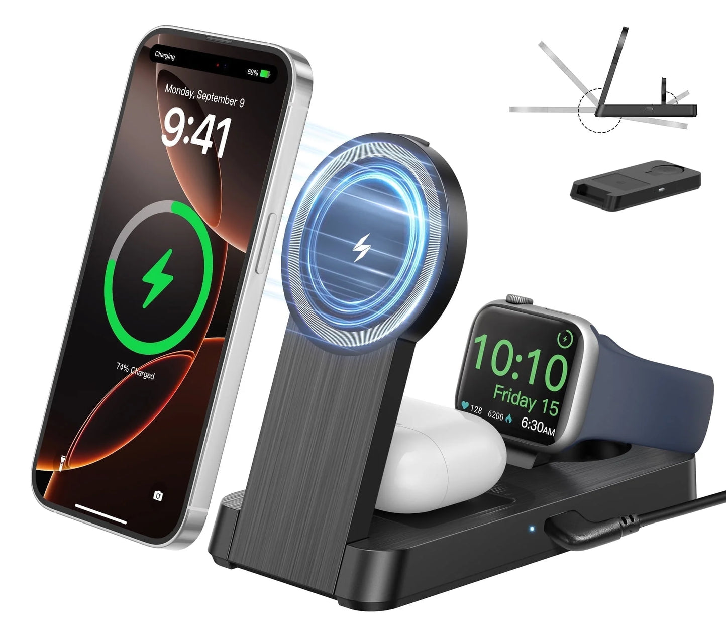 3 in 1 Magnetic Charging Station -  2025 Wireless Charger Compatible for Iphone 17/16/15/14/13/12 plus Pro Max, Foldable Portable Charger Dock for Iwatch & Airpods