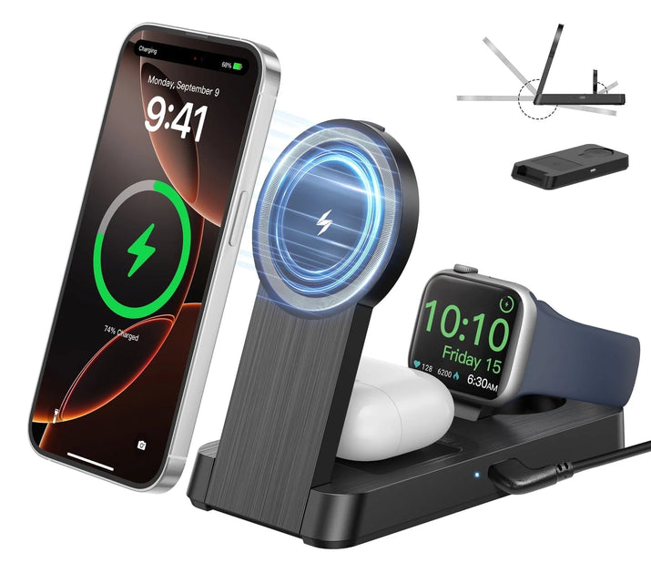 3 in 1 Magnetic Charging Station -  2025 Wireless Charger Compatible for Iphone 17/16/15/14/13/12 plus Pro Max, Foldable Portable Charger Dock for Iwatch & Airpods